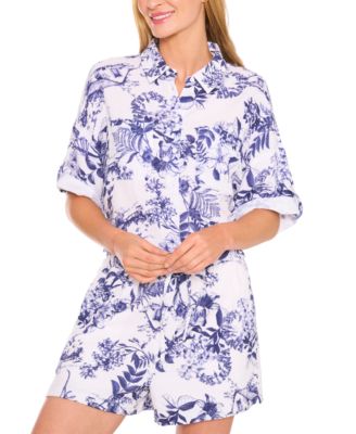 CeCe - Women's Printed Cotton Collared Button-Front Shirt