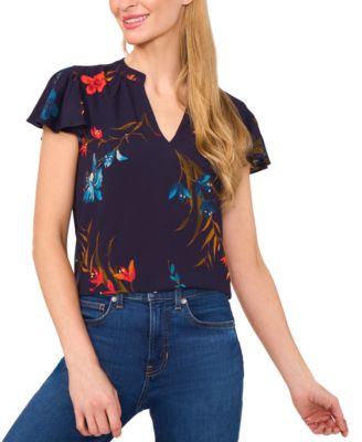 CeCe - Women's Floral-Print Flutter-Sleeve Top