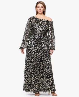 B&A By Betsy and Adam - Plus Size Metallic Printed Long A-Line Dress