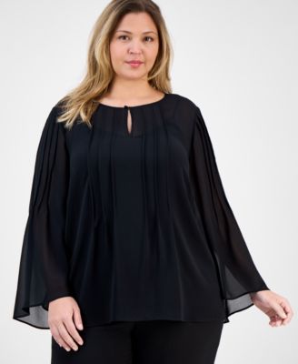 Anne Klein - Plus Size Chiffon Pintuck Flutter-Sleeve Blouse