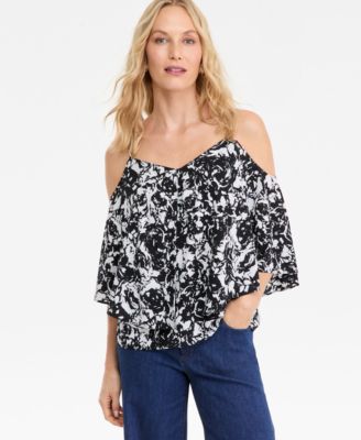 I.N.C. International Concepts - Women's Printed Cold-Shoulder Short-Sleeve Ruffled Top