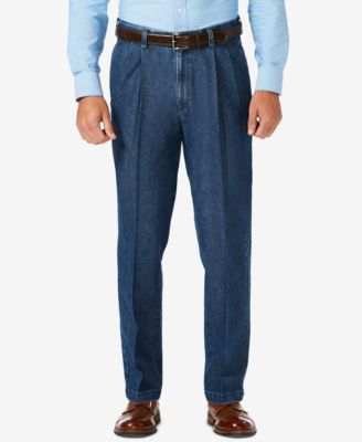 Haggar - Men's Stretch Denim Classic-Fit Pleated Pants
