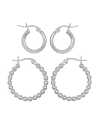 Essentials - 2-Pc. Set Polished Small Hoop & Beaded Hoop Earrings in Gold-Plate or Fine Silver Plate