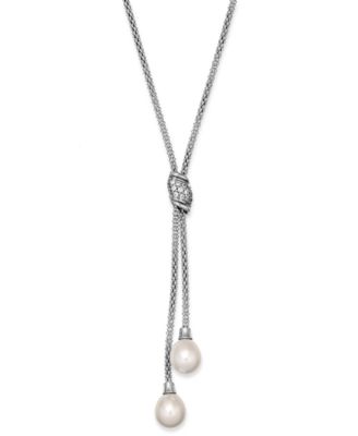 Macy's - Cultured Freshwater Pearl (7-1/2 mm) and Cubic Zirconia (1/4 ct. tw.) Lariat Necklace in Sterling Silver