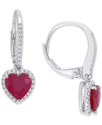 Macy's - Ruby (2-1/10 ct. t.w.) & Diamond (1/4 ct. t.w.) Heart Leverback Drop Earrings in 14k White Gold