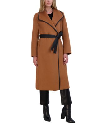 Tahari - Women's Faux-Leather-Trim Belted Wrap Coat