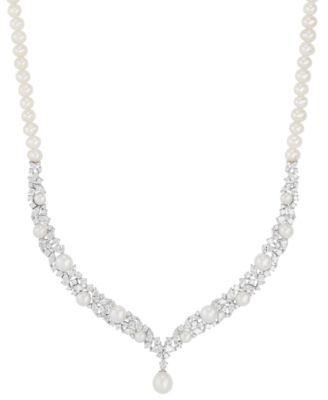 Arabella - Cultured Freshwater Button & Potato Pearl (5-11mm) & Cubic Zirconia Fancy Collar Necklace in Sterling Silver, 16" + 2" extender