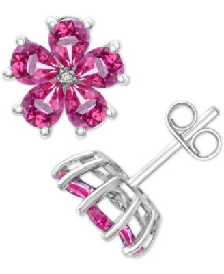 Macy's - Swiss Blue Topaz (3-1/3 ct. t.w.) & Diamond Accent Flower Stud Earrings in Sterling Silver (Also in Pink Topaz)