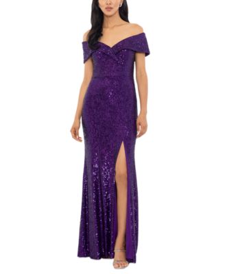 XSCAPE - Women's Off-The-Shoulder Side-Slit Sequin Gown