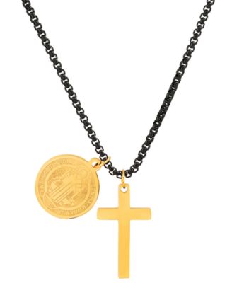 STEELTIME - Men's Black-Tone IP & 18k Gold-Plated Stainless Steel Cross and St. Benedict Religious 24" Pendant Necklace