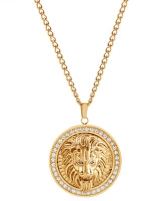 Blackjack - Men's Cubic Zirconia Lion Head Framed Disc 30" Pendant Necklace