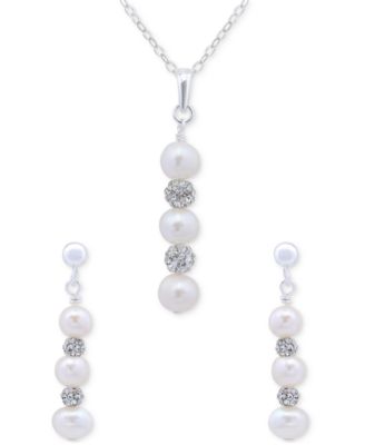 Macy's - Cultured Freshwater Pearl (5-7mm) & Crystal Pendant Necklace & Matching Drop Earrings Set in Sterling Silver