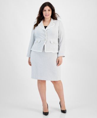 Le Suit - Plus Size Check Print Contrast Trim Skirt Suit