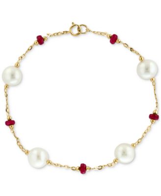 EFFY Collection - Freshwater Pearl (8mm) & Ruby (2-5/8 ct. t.w.) Chain Bracelet in 14k Gold