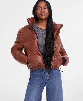 S13 - Women's Cropped Zip-Front Faux-Leather Puffer Coat