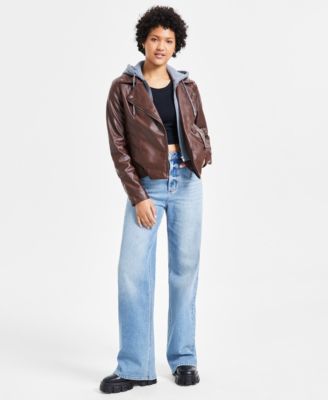 Jou Jou - Juniors' Hooded Faux-Leather Moto Jacket