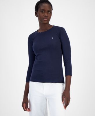 Nautica Jeans - Women's Cotton Scalloped-Neck 3/4-Sleeve Top