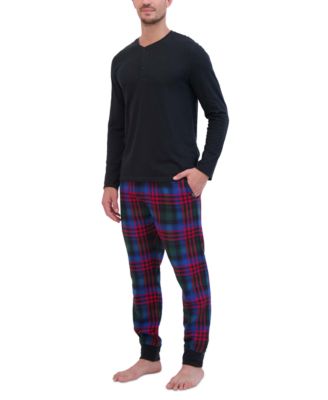 Hanes - Men's Ultimate 2-Pc. Solid Long-Sleeve Henley & Ultra-Soft Plaid Joggers Pajama Set
