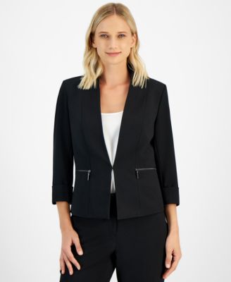 Kasper - Petite Stretch-Crepe Zipper-Pocket Open-Front Cuffed Blazer