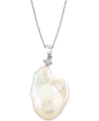 Macy's - Cultured Baroque Freshwater Pearl (14-16mm) & Diamond (1/10 ct. t.w.) 18" Pendant Necklace in 14k White Gold