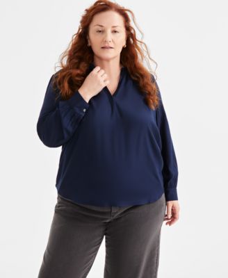 Style & Co - Plus Size Johnny-Collar Long-Sleeve Top