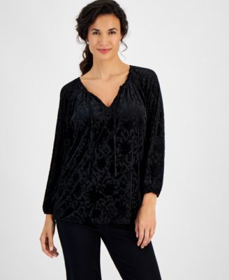 JM Collection - Women's Burnout Velvet Split-Neck Top