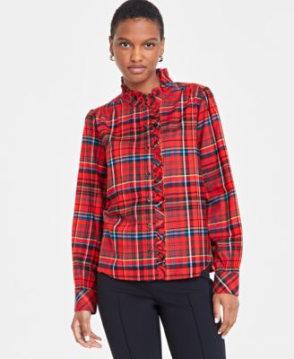 On 34th - Women's Festive Plaid Ruffle-Neck Flannel Shirt