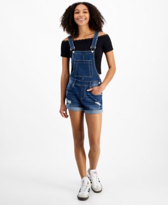 Dollhouse - Juniors' Distressed Denim Rolled-Cuff Shortalls