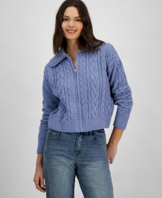 Hippie Rose - Juniors' Cable-Knit Zip-Front Long-Sleeve Sweater