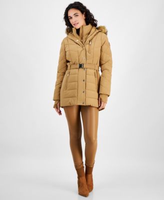 Michael Kors - Petite Belted Faux-Fur-Trim Hooded Puffer Coat