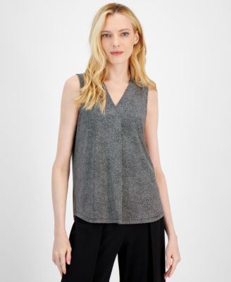 Anne Klein - Women's Pleated-Neck Printed Sleeveless Top