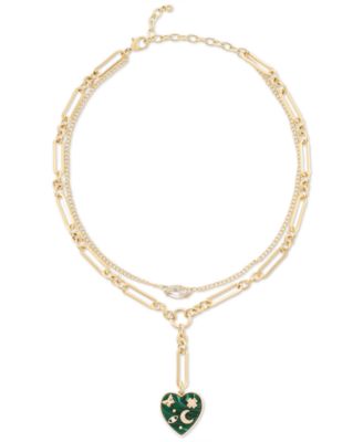 On 34th - Gold-Tone Cubic Zirconia & Stone Heart Layered Lariat Necklace, 15" + 3" extender