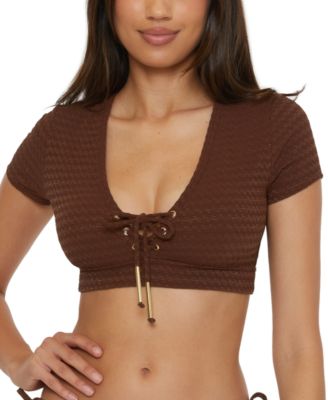 Trina Turk - Women's Glimmer Lace-Up Crop Swim Tee Top