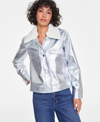 On 34th - Women's Solid Metallic Faux-Leather Jacket with Removable Faux-Sherpa Collar
