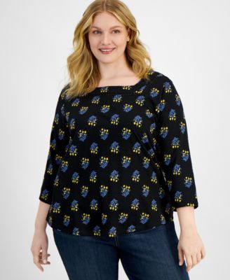 Style & Co - Plus Size Cotton Square-Neck Floral-Print Top
