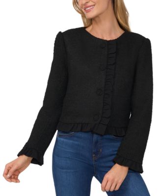 CeCe - Women's Ruffle-Trim Boucl&eacute; Button-Front Cropped Jacket