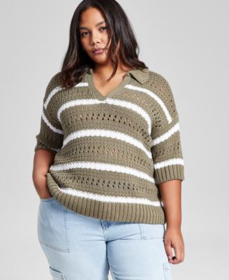 And Now This - Plus Size Striped Polo Sweater