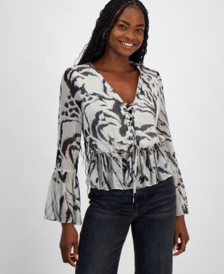 GUESS - Women's Demi Printed Lace-Up Peplum Top