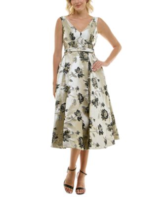 Taylor - Women's Floral Jacquard V-Neck Belted Dress