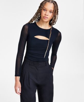 Bar III - Women's Long-Sleeve Cutout Mesh Bodysuit