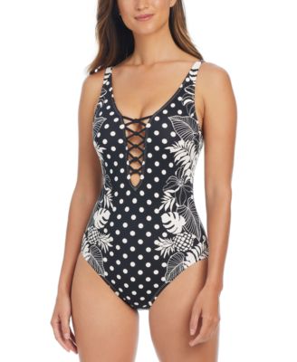 Bleu by Rod Beattie - Women's Double-Trouble Polka-Dot Lace-Down One-Piece Swimsuit