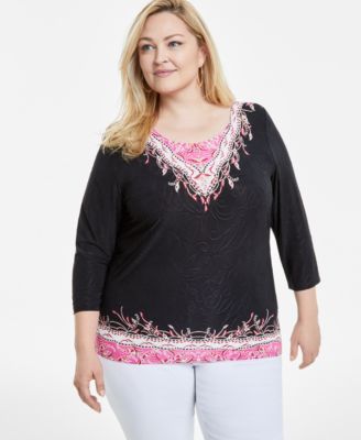 JM Collection - Plus Size 3/4-Sleeve Paisley Jacquard Top