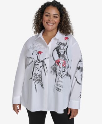 KARL LAGERFELD PARIS - Plus Size Sketch Girl Embellished Printed Cotton Button-Front Shirt, Exclusively at Macy's