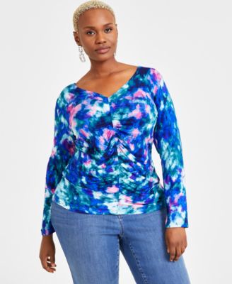 I.N.C. International Concepts - Plus Size Ruched Tie-Dyed Top