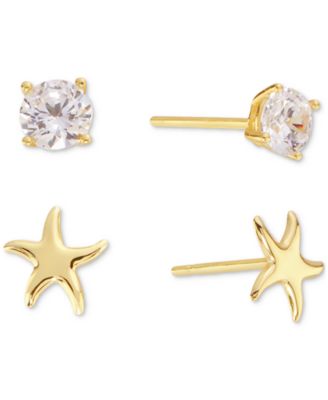 Macy's - 2-Pc. Set Starfish & Crystal Stud Earrings in 14k Gold Over Sterling Silver