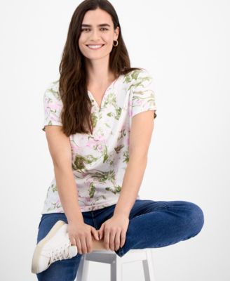 Style & Co - Petite Sunbleach Printed Short-Sleeve Henley Top