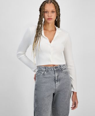 Freshman - Juniors' Cropped Cable-Knit Collared Shirt