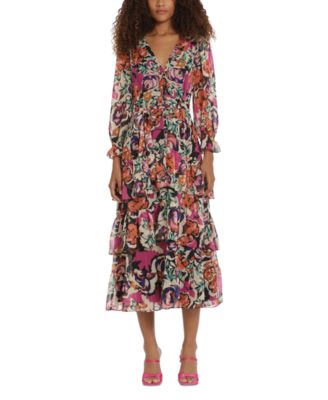 Donna Morgan - Women's Printed V-Neck Tiered-Ruffle-Trim Dress