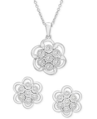 Macy's - 2-Pc. Set Diamond Flower Pendant Necklace & Matching Stud Earrings (1/4 ct. t.w.) in Sterling Silver