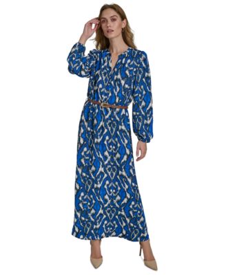 Halston - Women's Printed Long-Balloon-Sleeve Belted Dress